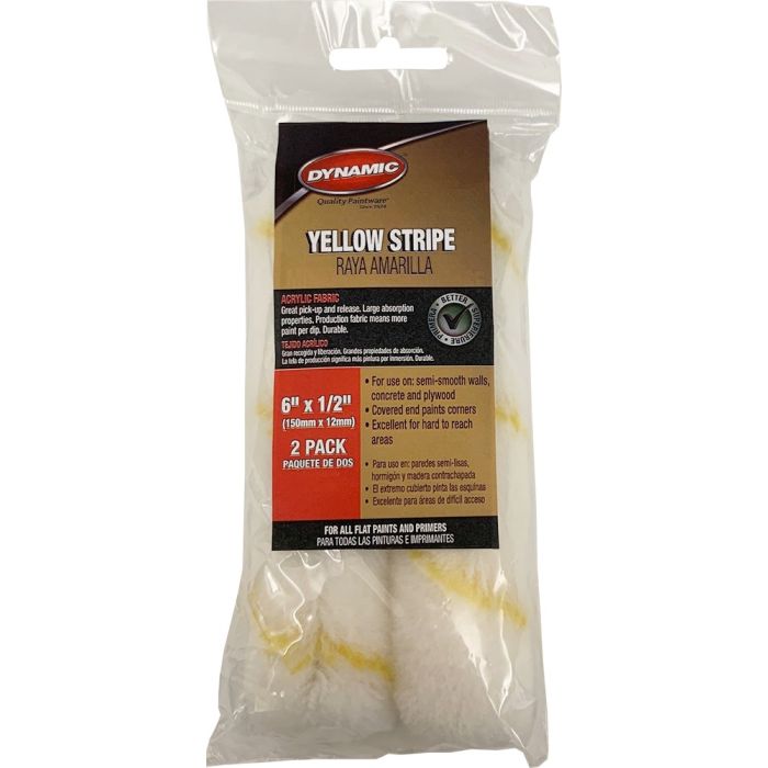 Dynamic 6" x 1/2" (150mm x 12mm) Nap Yellow Stripe Mini Roller Cover (2pk)