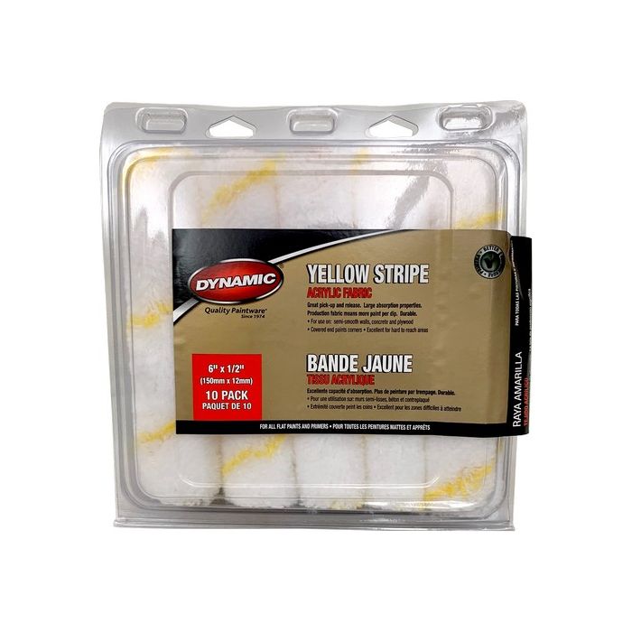 Dynamic 6" x 1/2" (150mm x 12mm) Nap Yellow Stripe Mini Roller Cover (10pk)