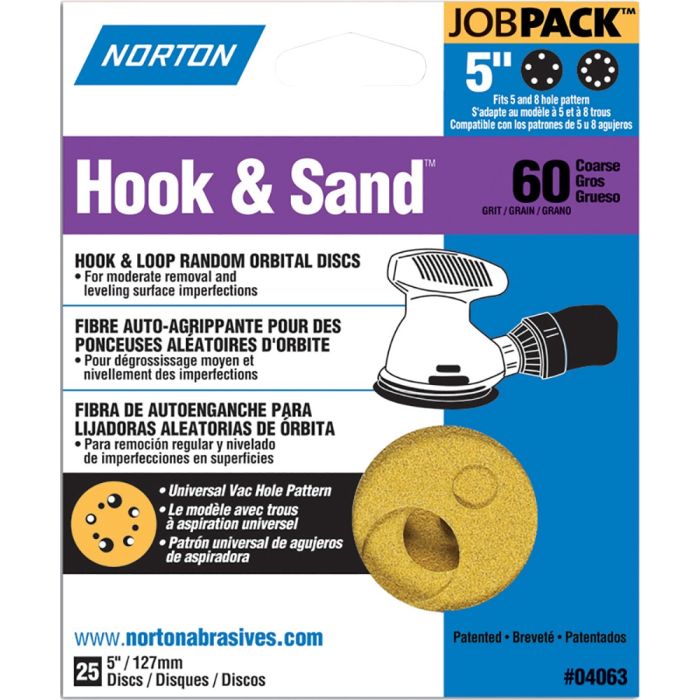 Norton 5" 5 & 8 Hole P60 Hook & Sand Paper H&L UVH Disc 25Pk