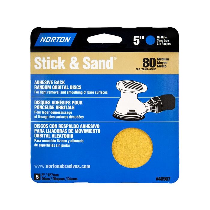 Norton 5" No Hole 80 Stick & Sand Paper Disc 4Pk