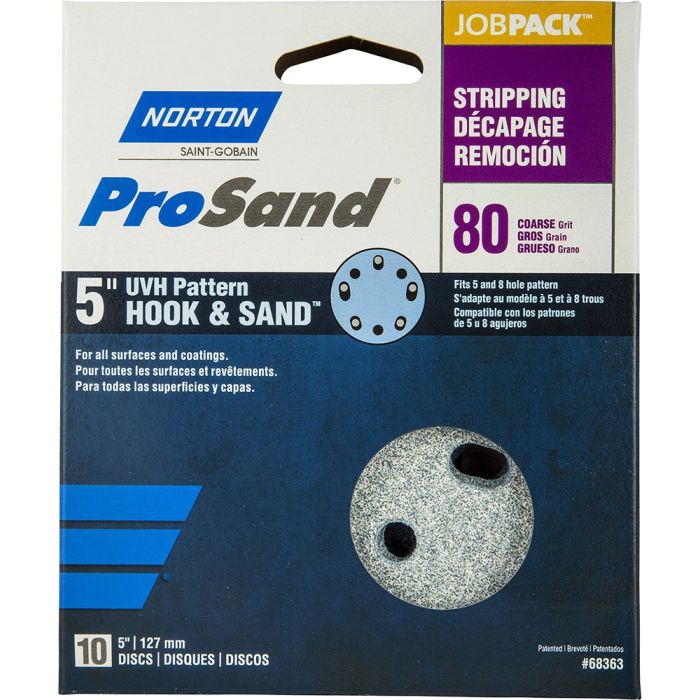 Norton 5" 5 & 8 Hole P80C ProSand Paper H&L UVH Disc 10Pk