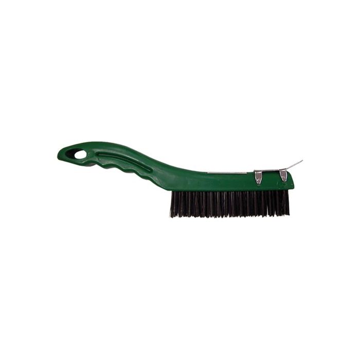 Dynamic 10" 4 x 16 Row Plastic Shoe Handle Tempered Steel Wire Brush w/Scraper