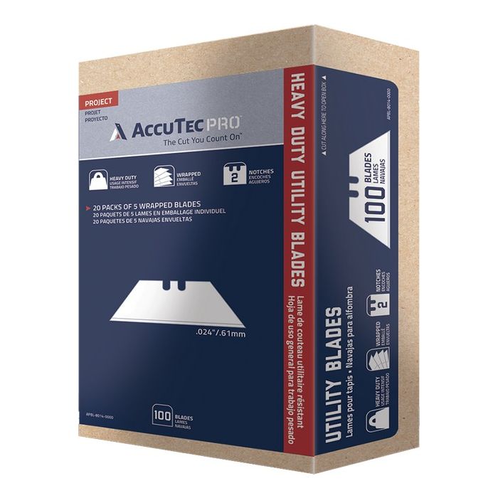 AccuTec .024" PRO Heavy Duty 2-Notch Utility Blade in Wraps of 5, (100pk)