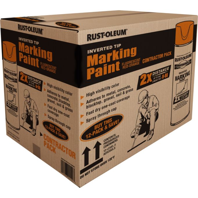 Rust-Oleum 15oz Fluorescent Orange Pro 2X Distance Inverted Marking Water-Based Spray Paint (Contractor Pack of 12)