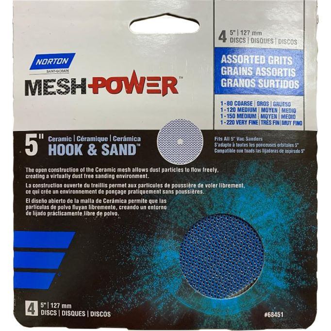 Norton 5" Mesh Power Hook & Sand Sanding Disc Assorted (80G, 120G, 150G, 220G) - 4pk