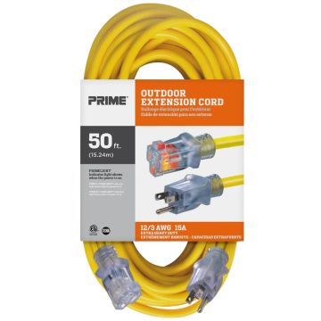 Prime Wire 50' 12/3 SJTW Yellow Outdoor Extension Cord w/Lighted Ends