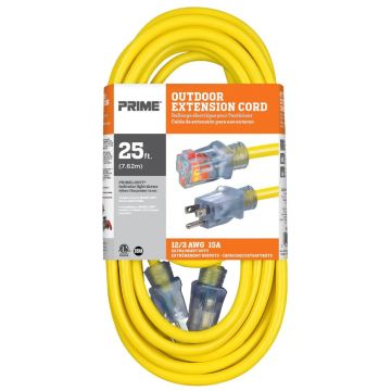 Prime Wire 25' 12/3 SJTW Yellow Outdoor Extension Cord w/Lighted Ends