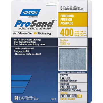 Norton 9" x 11" 400 ProSand Paper Sheets 3pk