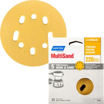Norton 5" 5 & 8 Hole P220 Hook & Sand Paper H&L UVH Disc 25Pk