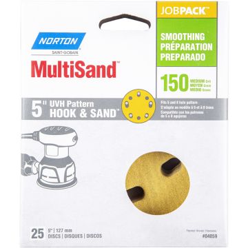 Norton 5" 5 & 8 Hole P150 Hook & Sand Paper H&L UVH Disc 25Pk