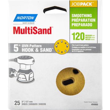 Norton 5" 5 & 8 Hole P120 Hook & Sand Paper H&L UVH Disc 25Pk