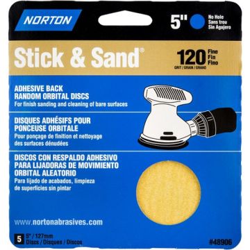 Norton 5" No Hole 120 Stick & Sand Paper Disc 5Pk