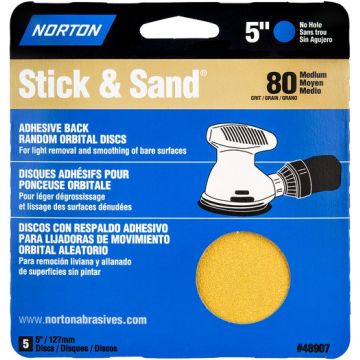 Norton 5" No Hole 80 Stick & Sand Paper Disc 4Pk