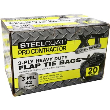 Petoskey Steelcoat 42 Gal 3mil Black PRO Contractor Flap Tie Bags 20Ct