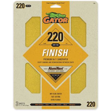 Gator 220 Grit 9" x 11" Premium Dry Sand Sheet-Finish 3pk