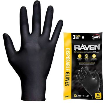 SAS XL 7mil Black Raven Nitrile Disposable Gloves Powder Free (3pk)