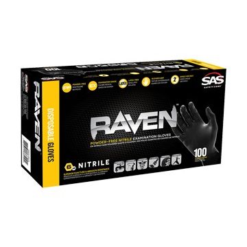 SAS XL 7mil Black Raven Nitrile Disposable Gloves Powder Free (100pk)
